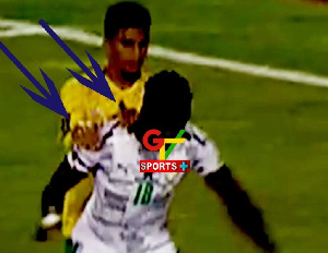 Video replays show South Africa defender dragging Ghana's Amartey with both hands